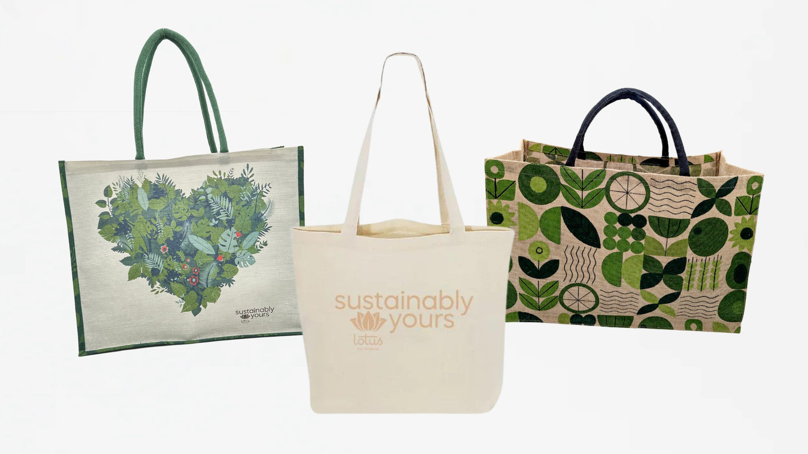 Jute and Cotton Tote Bags with various patterns.