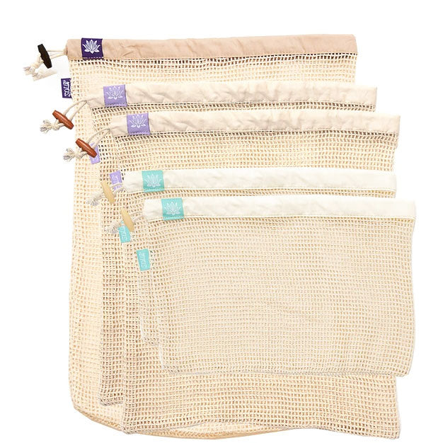 Lotus Organic Cotton Reusable Produce Bags.  5 eco-friendly bags in 3 color-coded sizes: - 2 small bags (12” x 8”) - 2 medium bags (12” x 14”) - 1 large bags (12” x 17”), organic raw cotton. Drawstring with wooden bead closure. Machine washable