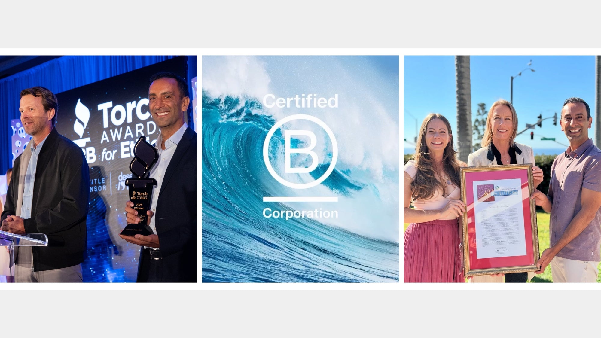 Collage of Lotus Sustainables’ 2025 BBB Torch Award, B Corp recertification, and California Small Business of the Year honor.