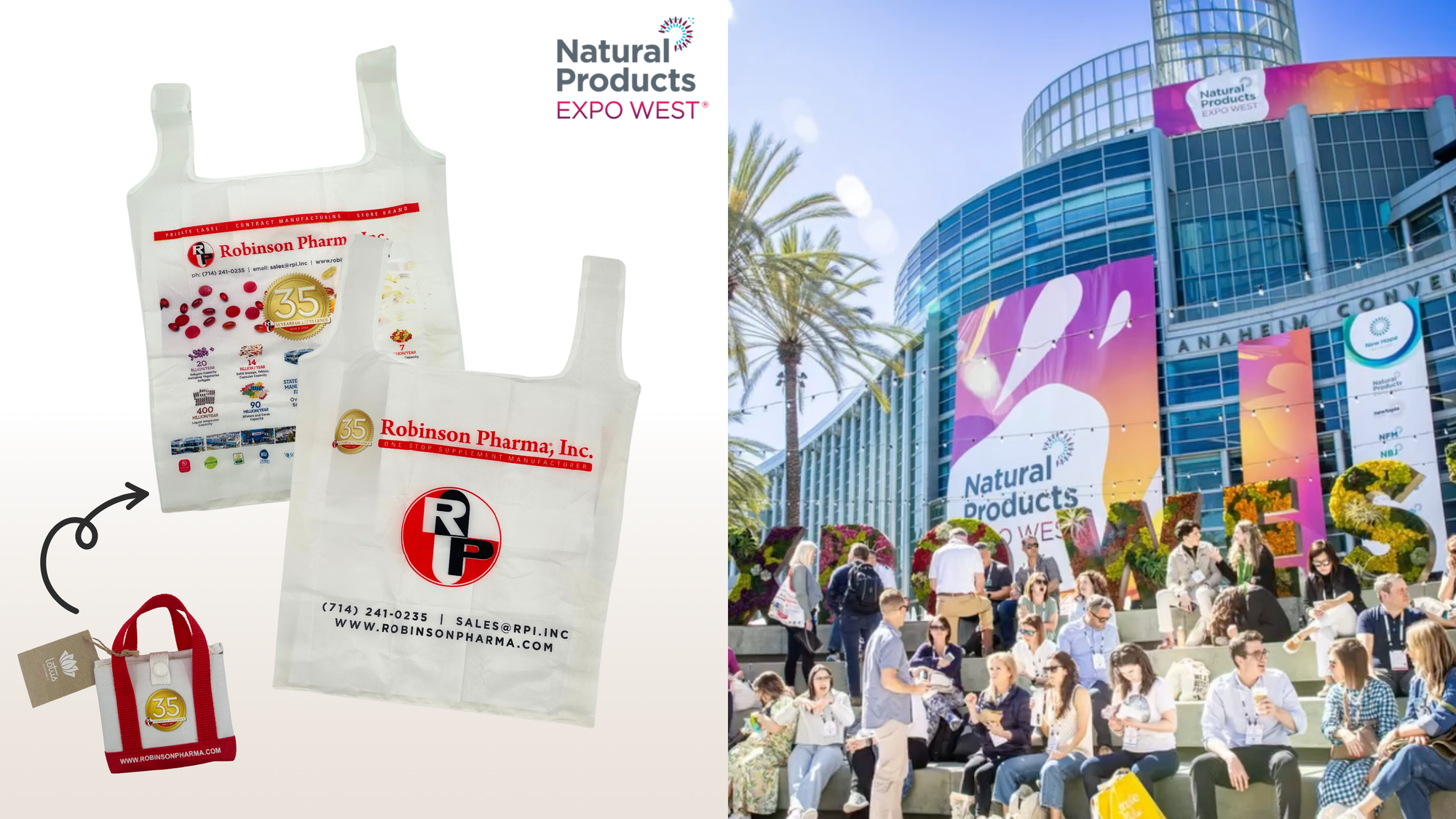 Mini Tote expanding to Full Size Bag. Natural Products Expo West Logo. Conference attendees and display at event.