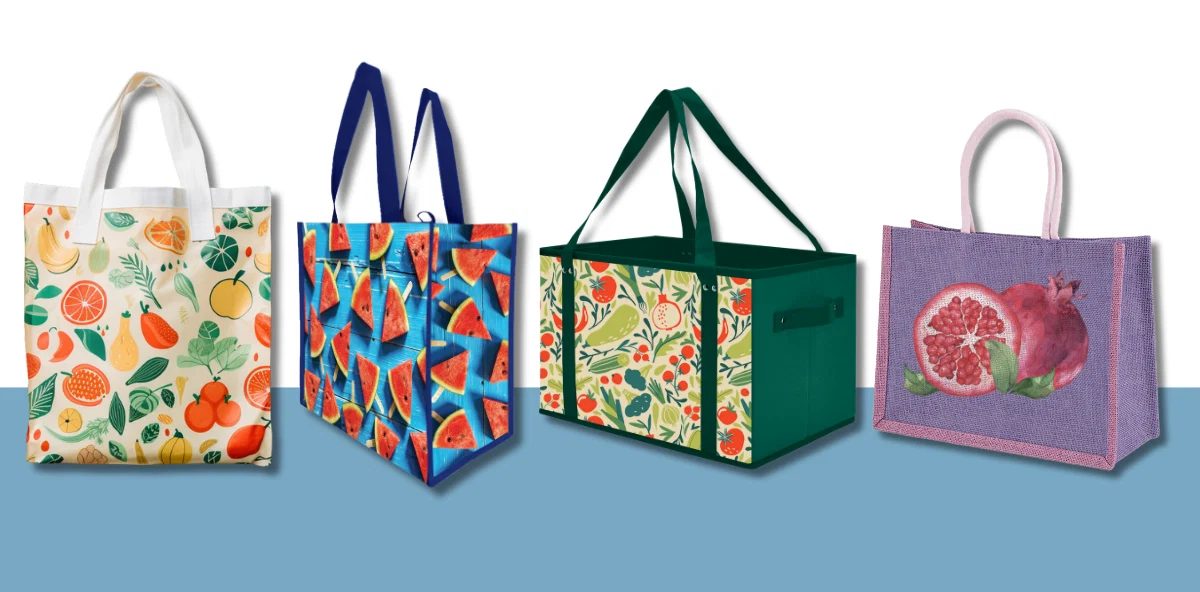 Custom private label bag designs: fruit-print canvas tote, watermelon-print insulated tote, produce-print collapsible box bag, pomegranate jute tote