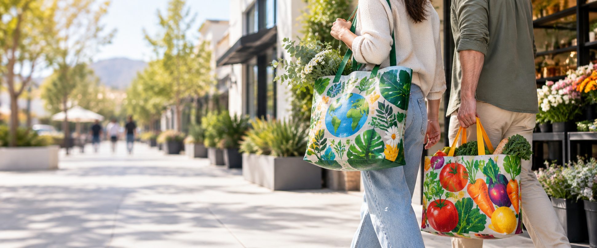Shoppers carrying custom printed reusable tote bags filled with flowers and produce on a sunny shopping street