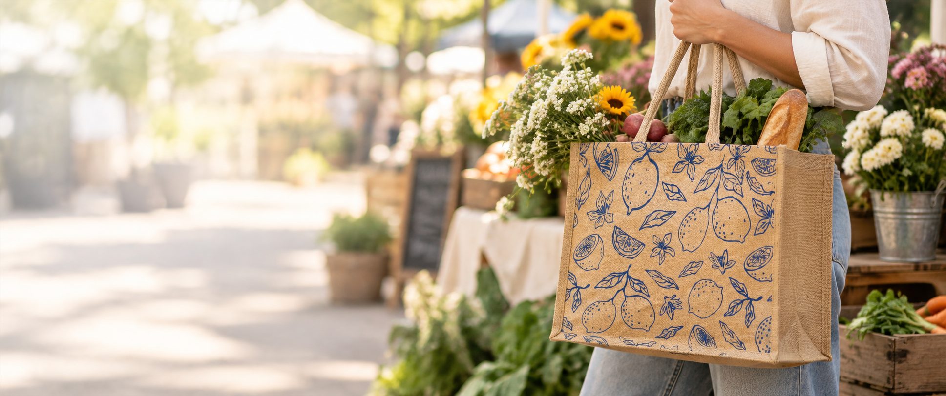 Shopper carrying a custom printed jute tote with a blue lemon pattern, filled with flowers, bread and produce at a farmers market