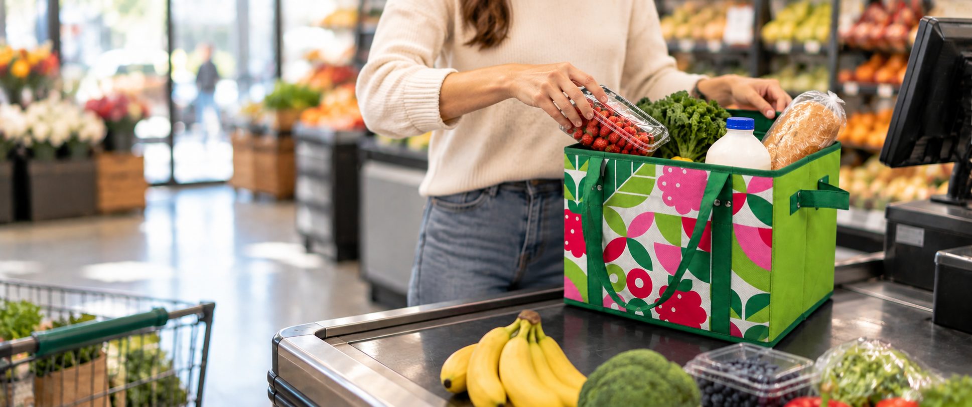 Shopper packing groceries into a custom printed non-woven box bag at a grocery checkout
