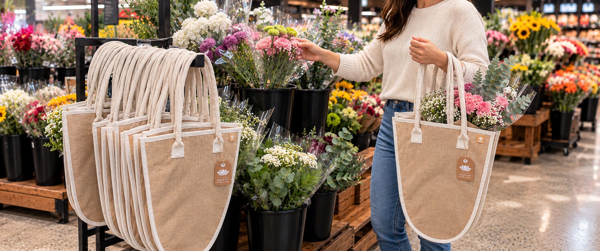 Custom jute flower tote bags on a display rack and carried by a shopper in a floral department