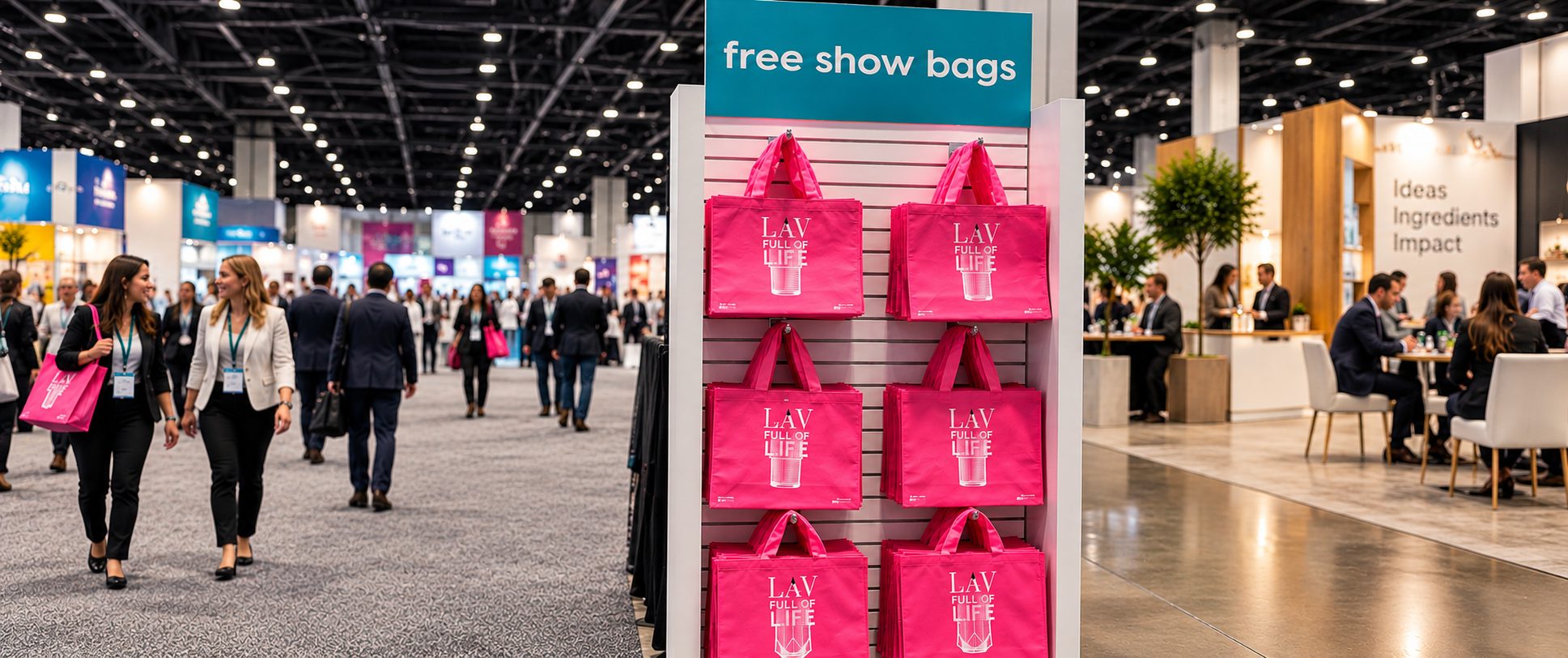 Custom branded pink non-woven show bags on display at a trade show expo