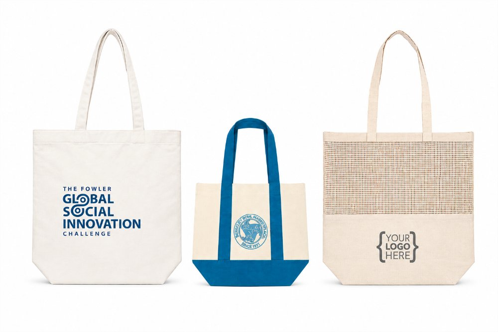 Organic cotton tote bags with contrast handles and mesh panel
