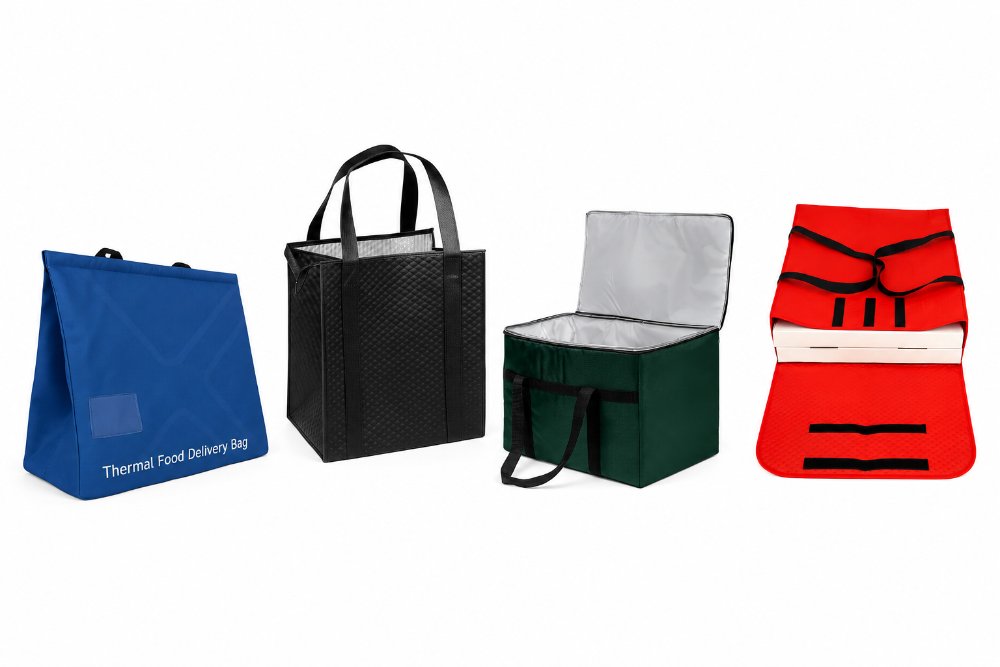 Insulated food delivery bags in blue, black, and red