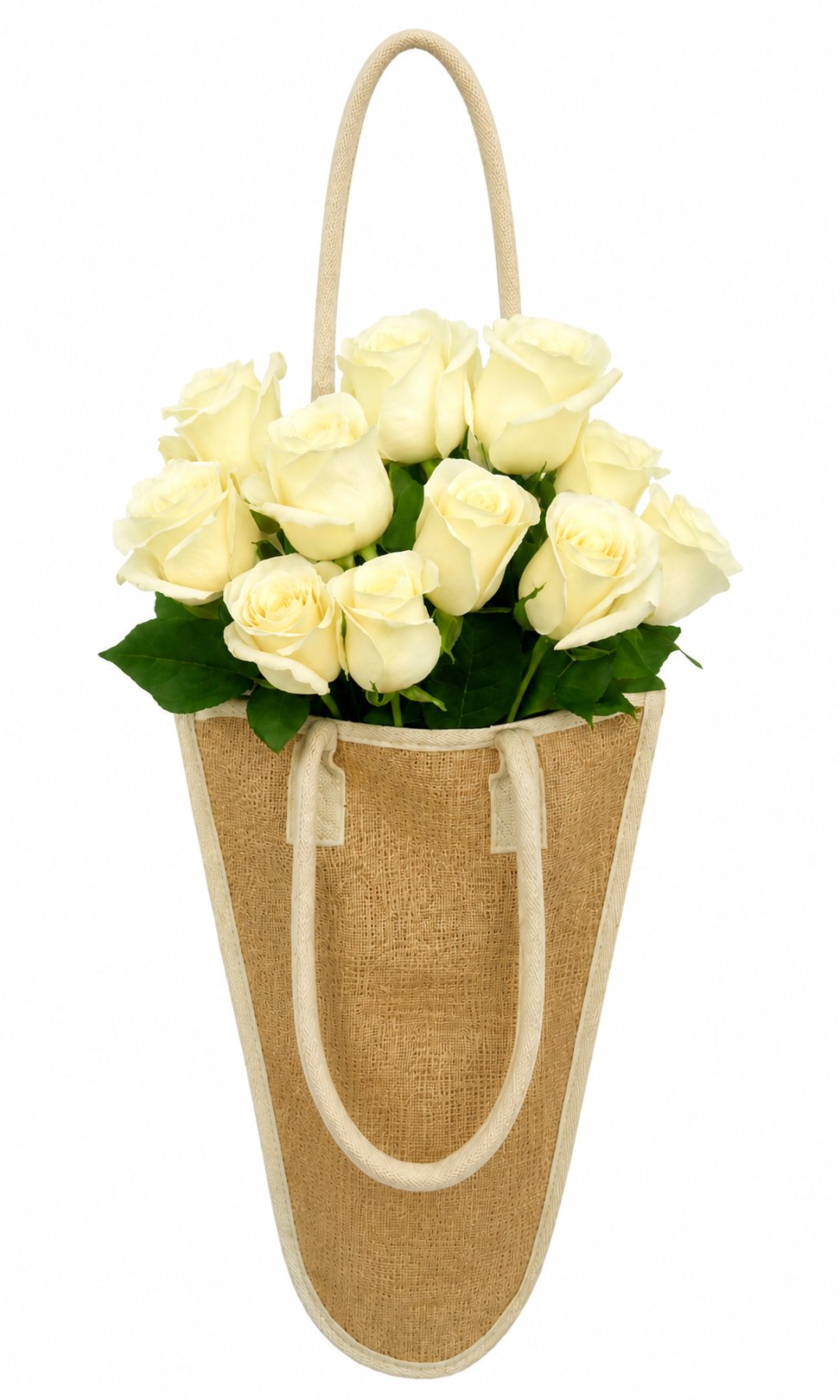 Jute floral carrier bag holding white roses