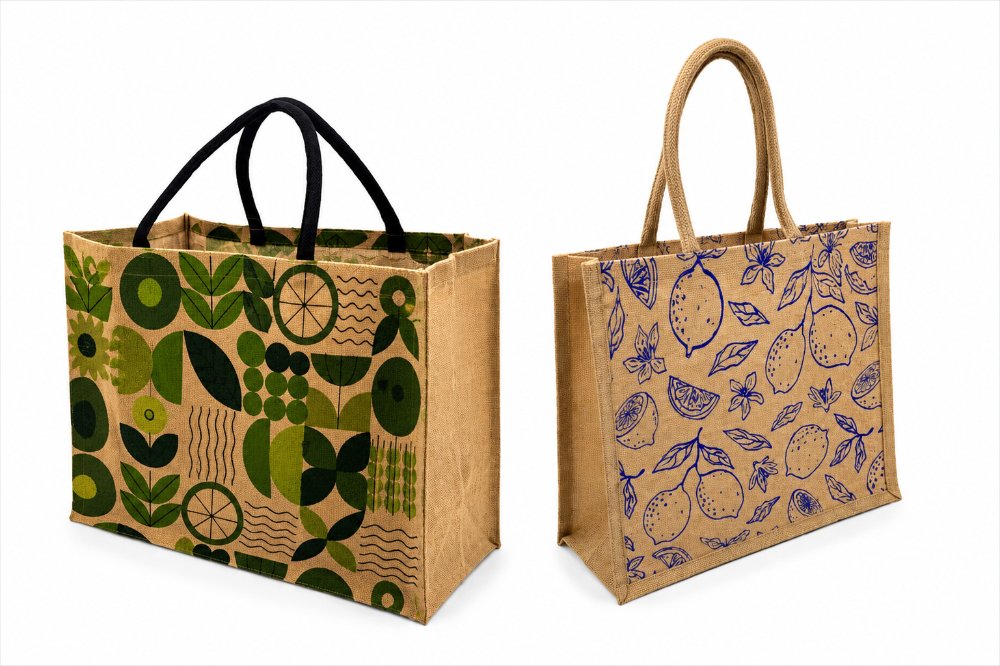 Jute tote bags with botanical and citrus print patterns
