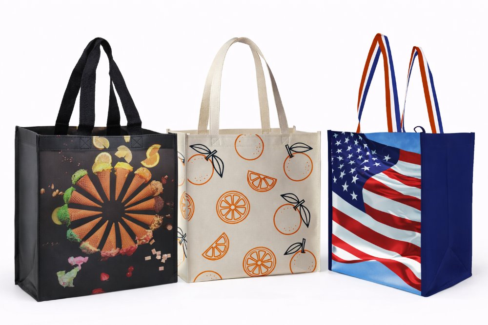 Non-woven polypropylene bags in citrus, flag, and ice cream cone print designs