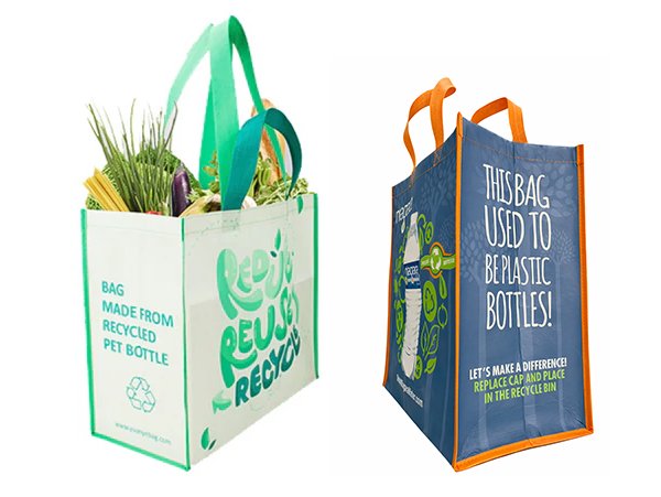 rPET tote bags made from recycled plastic bottles with sustainability messaging