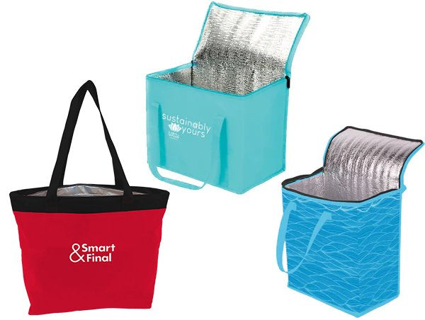 Insulated thermal tote bags in red, teal, and blue