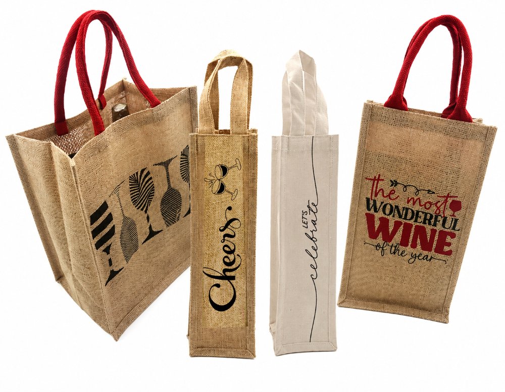 Jute and cotton wine bottle carrier bags