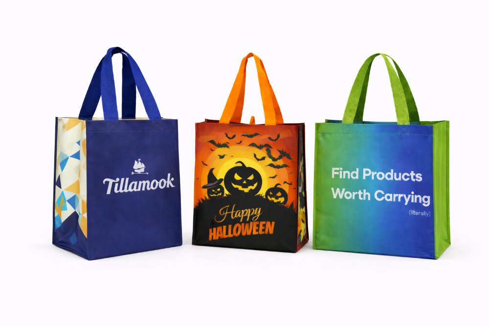 Woven polypropylene laminated bags for Tillamook, Halloween, and gradient retail designs